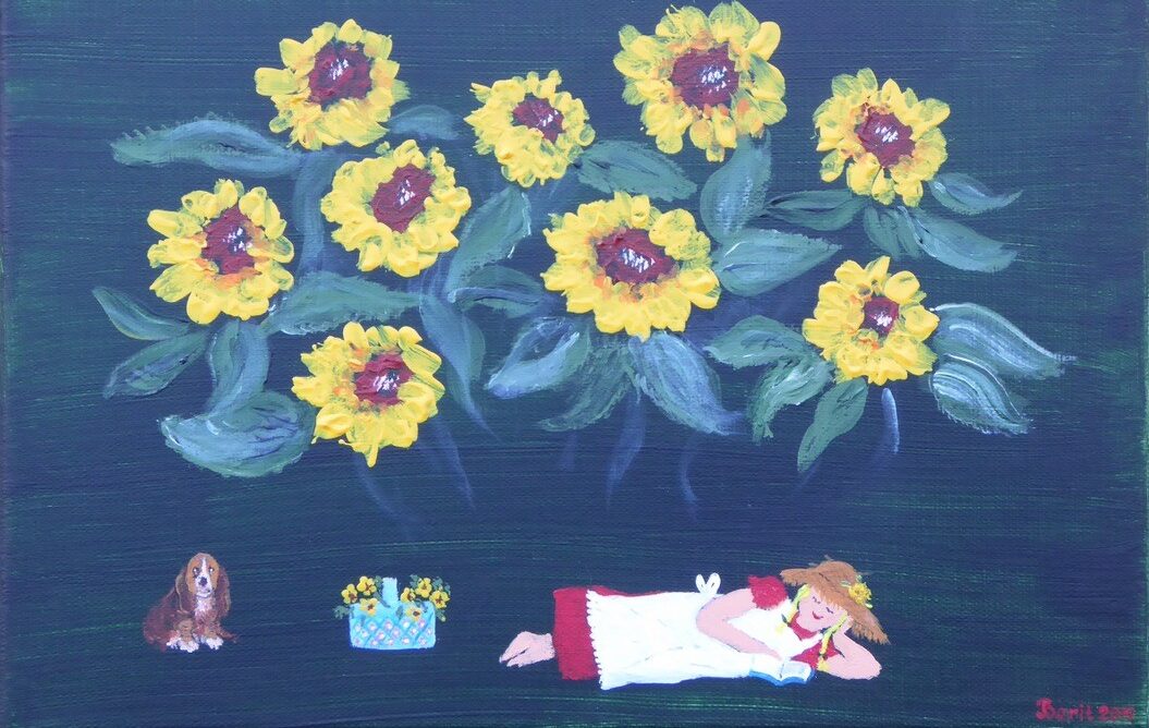 Tavla av Berit Stenlund med gula Blommor, hund, korg och flicka som läser